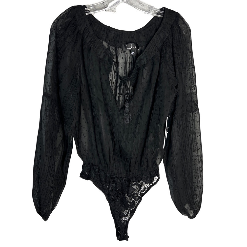Lulu’s NWT Black Sheer Mesh Puff Long Sleeve Bodysuit Blouse